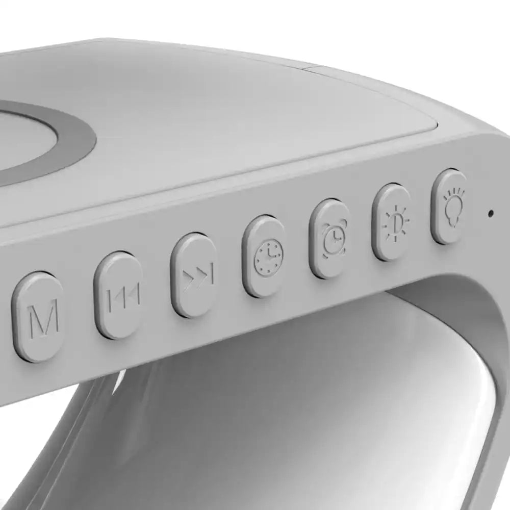 Smart LED wireless charging alarm clock — close-up of button controls (mode, skip, time, alarm, dim, light)