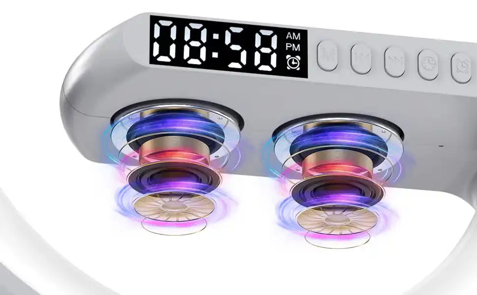 Smart LED wireless charging alarm clock — close-up of Bluetooth speakers vibrating with colour effect